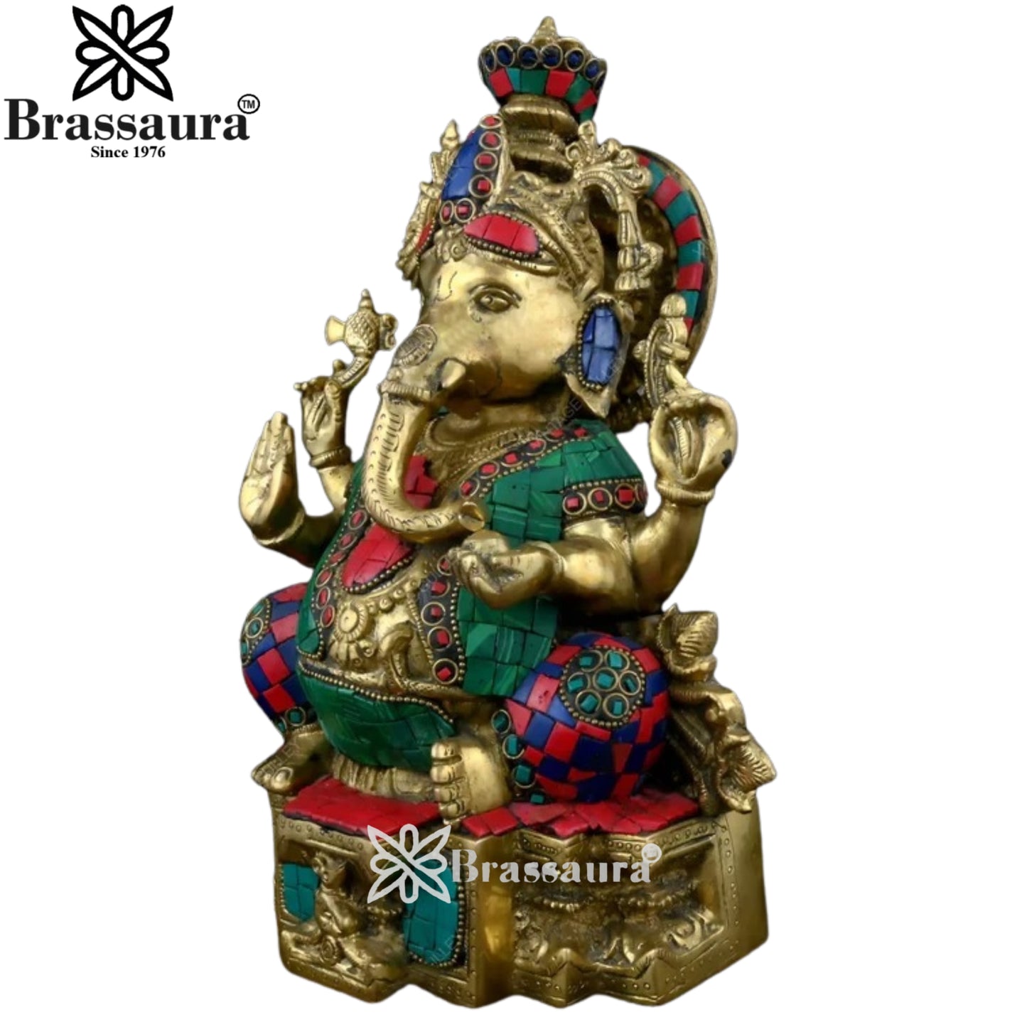 Brass Gem Stone Work Ganesha Statue Weight 4.1 Kg And Height 6 Inch