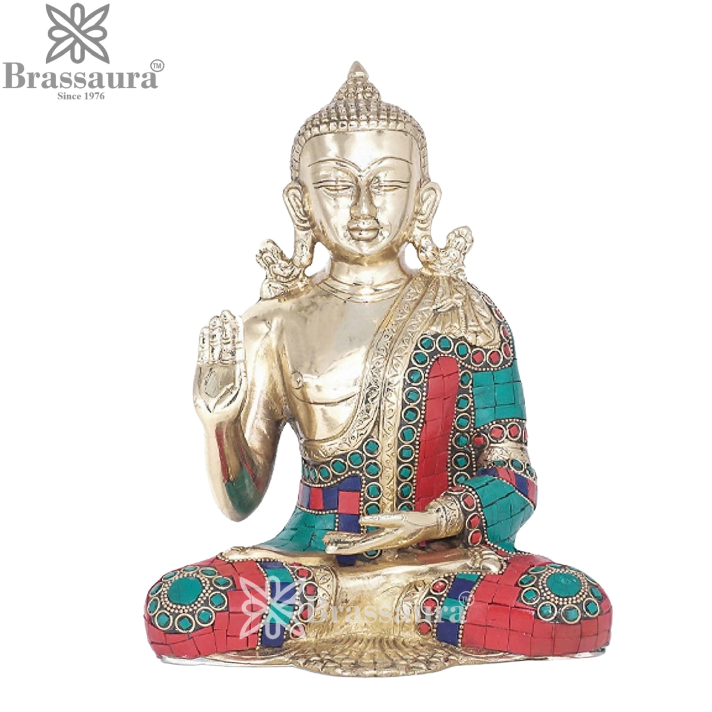 Brass Blessing Gem Stone Work Buddha Weight 3.4 kg & Height 9.5 Inch