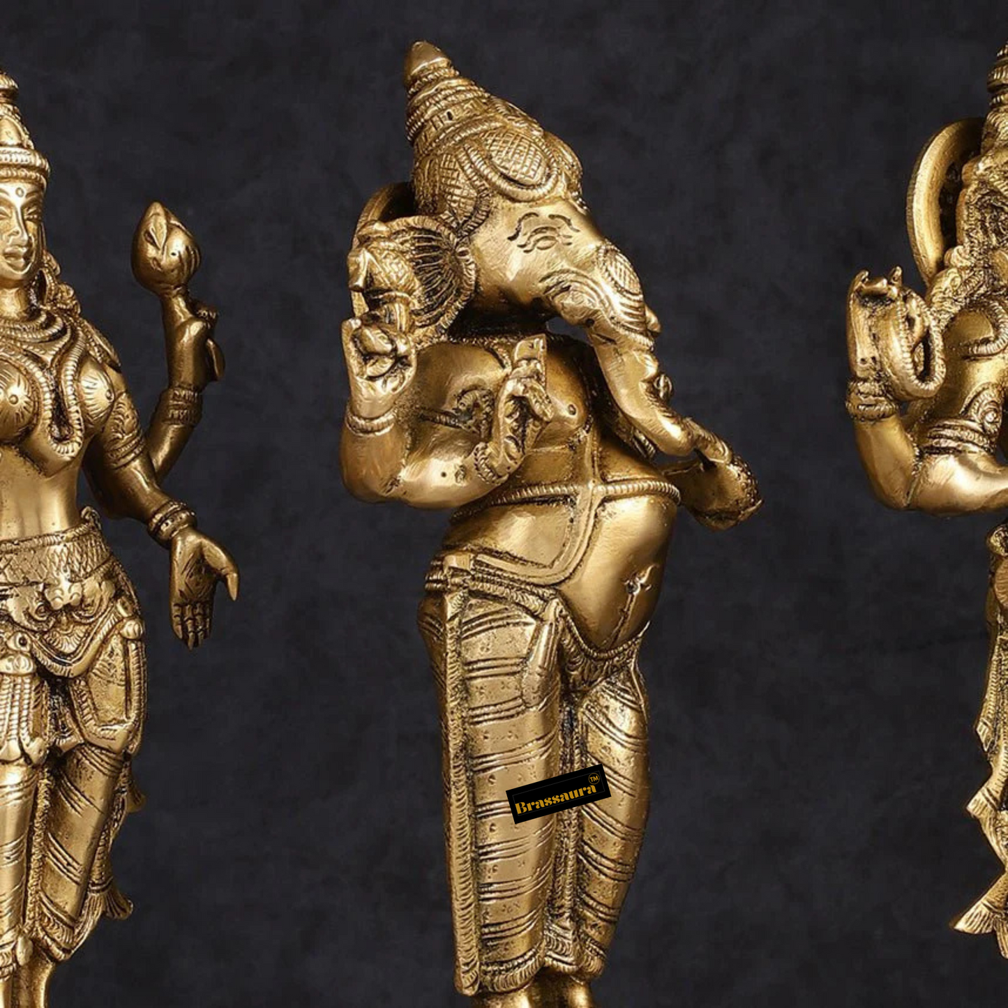 Brassaura™ Brass Standing Ganesh Lakshmi Saraswati Idol Set | Height 10 inch Each | Weight 9 Kg | Spiritual Home Decor