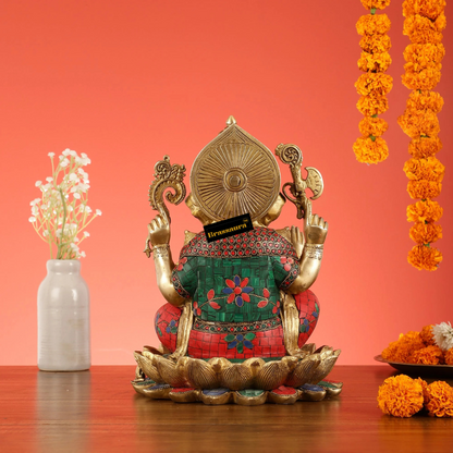 Brassaura™ Brass Handcrafted Ganapati on Lotus with Meenakari – Height 12 Inches, Weight 10 Kgs
