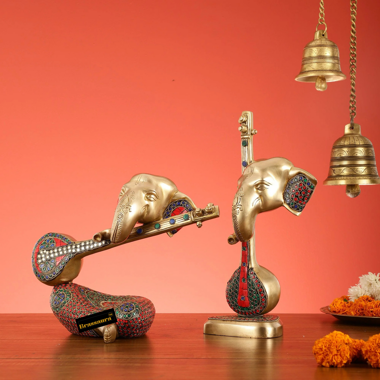 Brassaura™ Brass Abstract Lord Ganesha Table Accent Pair – Heights 12 & 9.5 Inches, Weight 8.2 Kgs