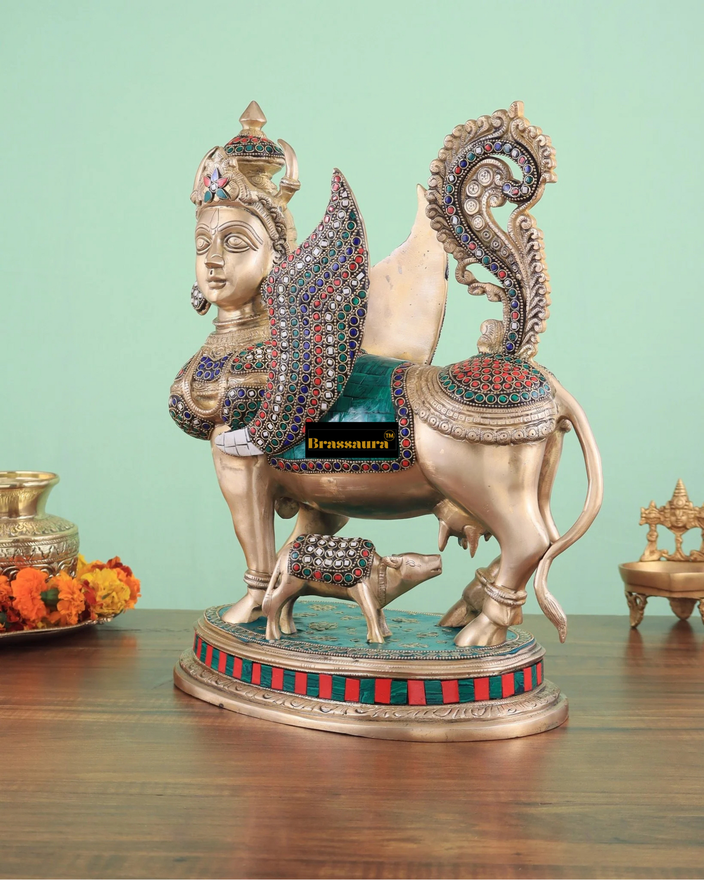 Brassaura™ Brass Kamdhenu Cow Statue with Meenakari Stonework | 16.5 Inches Height | 16 Kgs Weight | Divine Symbol of Grace & Prosperity
