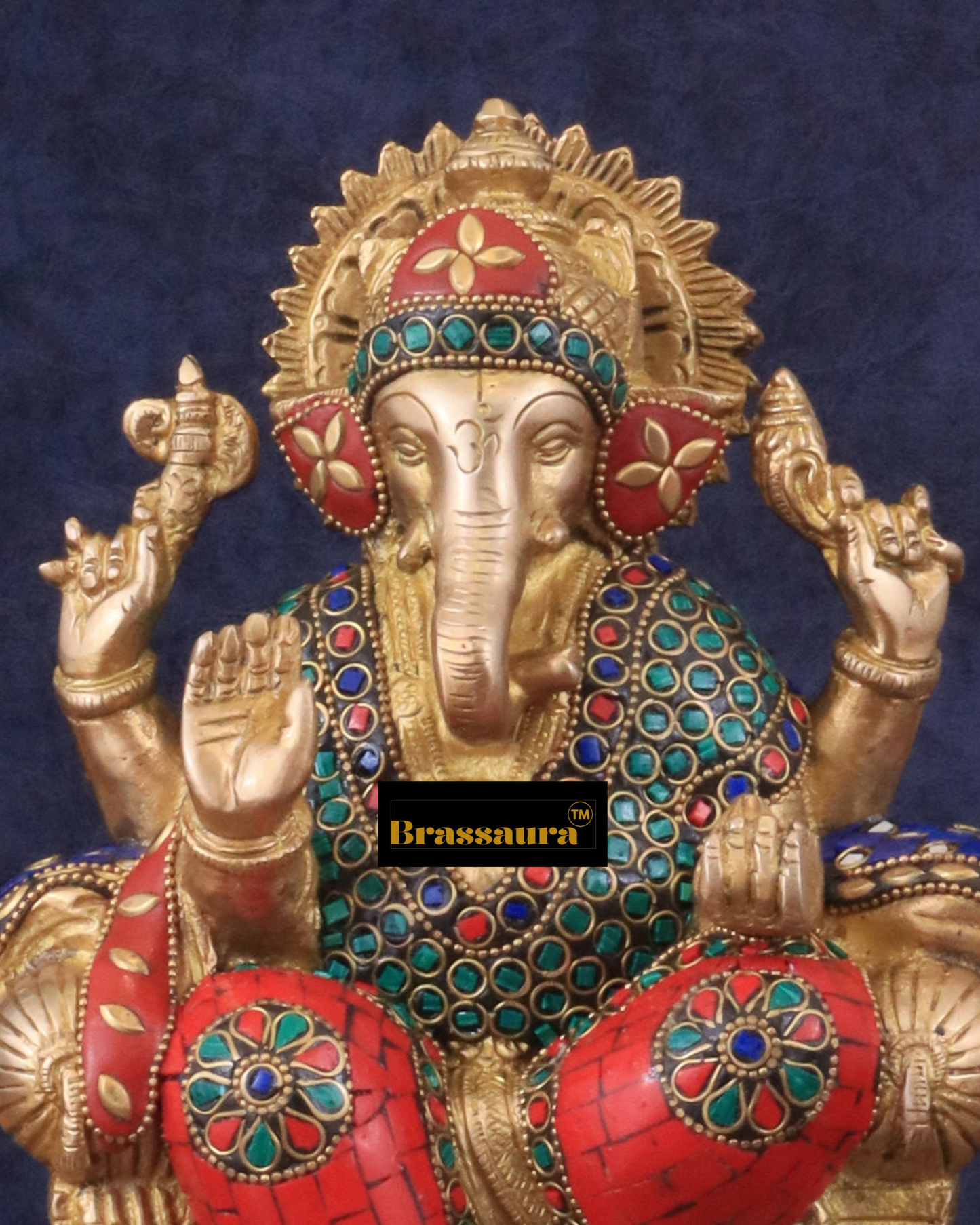 Brassaura™ Handcrafted Brass Ganesha Idol – 10" Height, 5 kg – Meenakari Stonework for Home & Office Décor