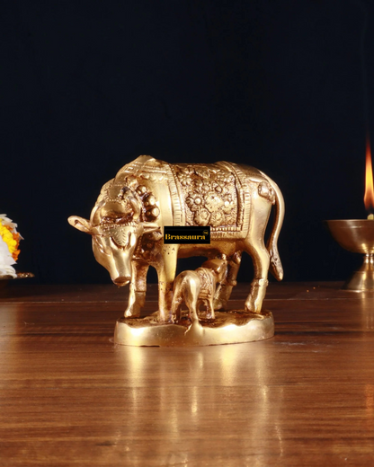 Brassaura™ Handcrafted Brass Kamdhenu Cow with Calf Idol | 3.8 Inches Height | 915g Weight | Symbol of Abundance & Prosperity
