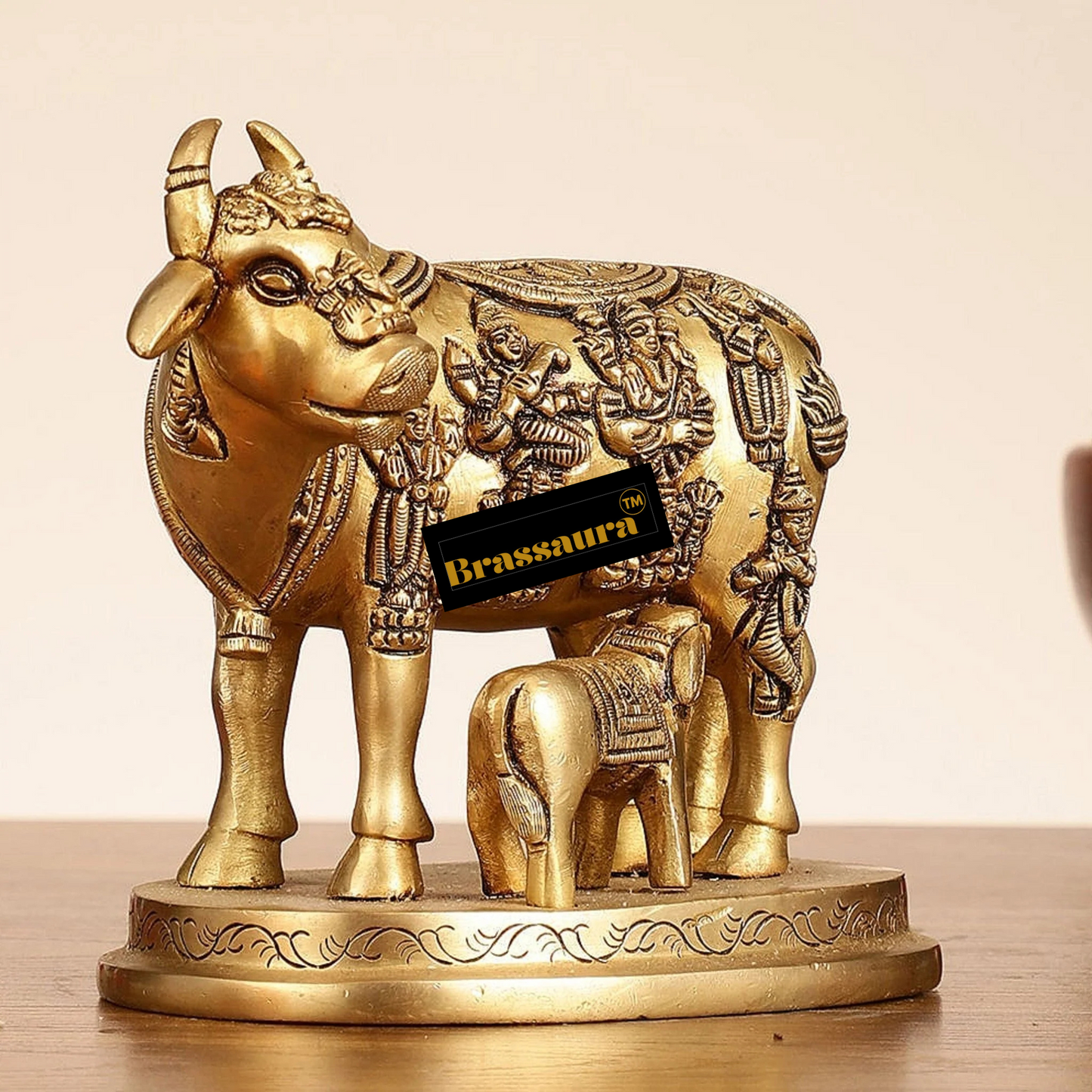 Brassaura™ Engraved Brass Kamdhenu Statue | 5 Inches Height | 2 Kgs Weight | Antique Gold Finish