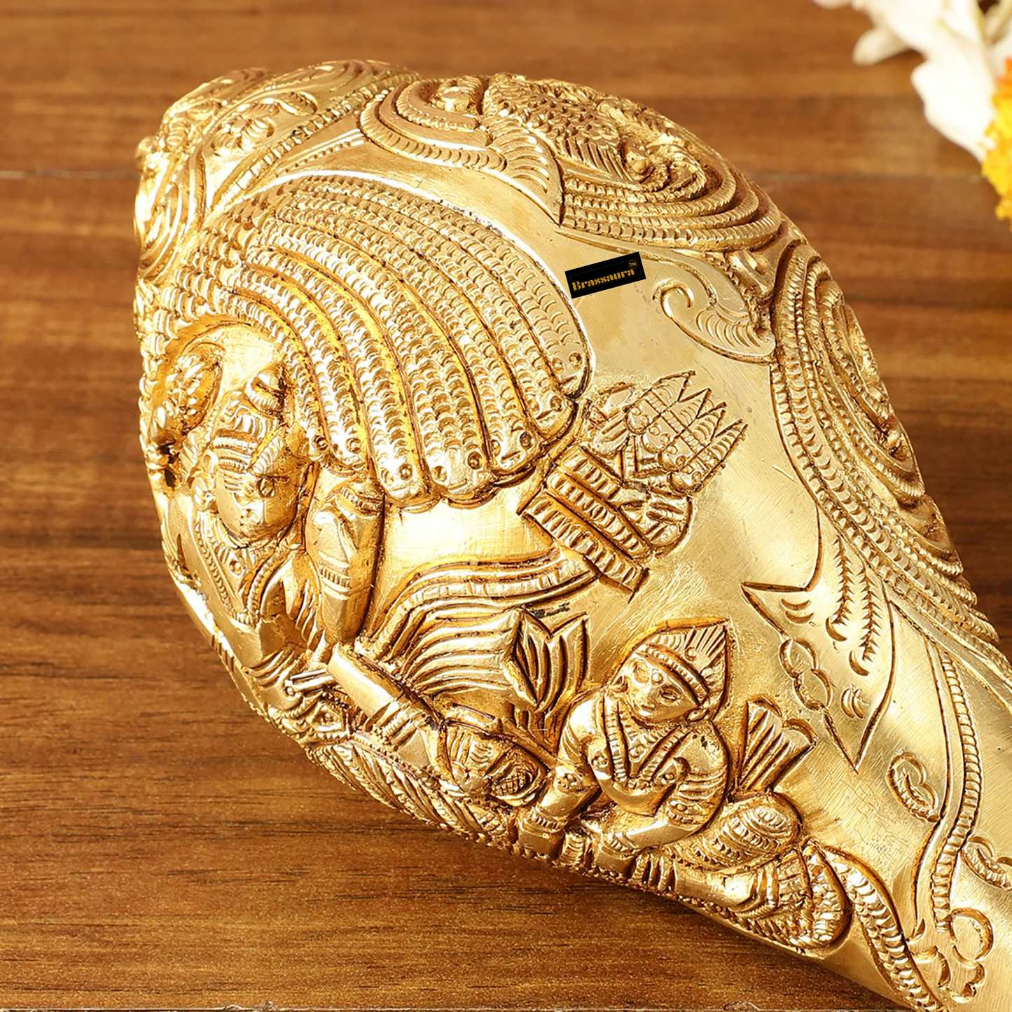 Brassaura™ Pure Brass Lakshmi Narayana Resting on Sheshanaag Shankh | 3.5 Inches Height | 1.5 Kgs Weight | Auspicious Home Décor