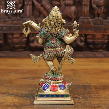 Brass Gem Stone Work Dancing Ganesha Weight 6 Kg & Height 13.5 Inch