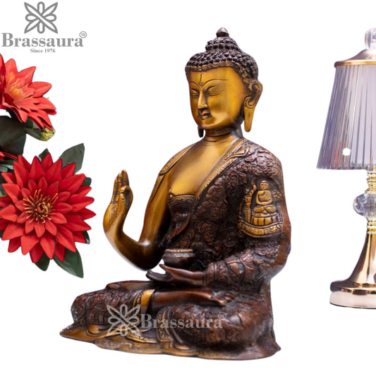 Brassaura® Buddha Sitting in Abhaya Mudra with Antique Brown, Black & Gold Finish and Intricate Robe Detailing | Pure Superfine Brass Handcrafted Murti | Brass Statue for Home Temple, Pooja Room | Height 11 Inches | Weight 4.5 Kgs