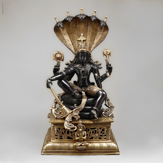 Brassaura® Superfine Brass Lord Vishnu Idol with Sheshanaag & Hanuman | 29 Inches Height | Black & Golden Heat-Treated Finish