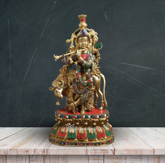 Brass Gem Stone Work Cow Krishna Murti Weight 16.5 Kg And Height 21 Inch