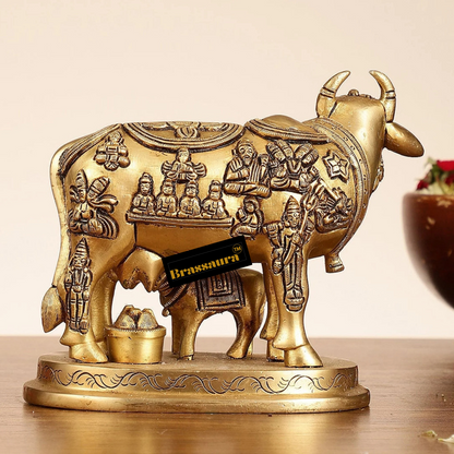 Brassaura™ Engraved Brass Kamdhenu Statue | 5 Inches Height | 2 Kgs Weight | Antique Gold Finish