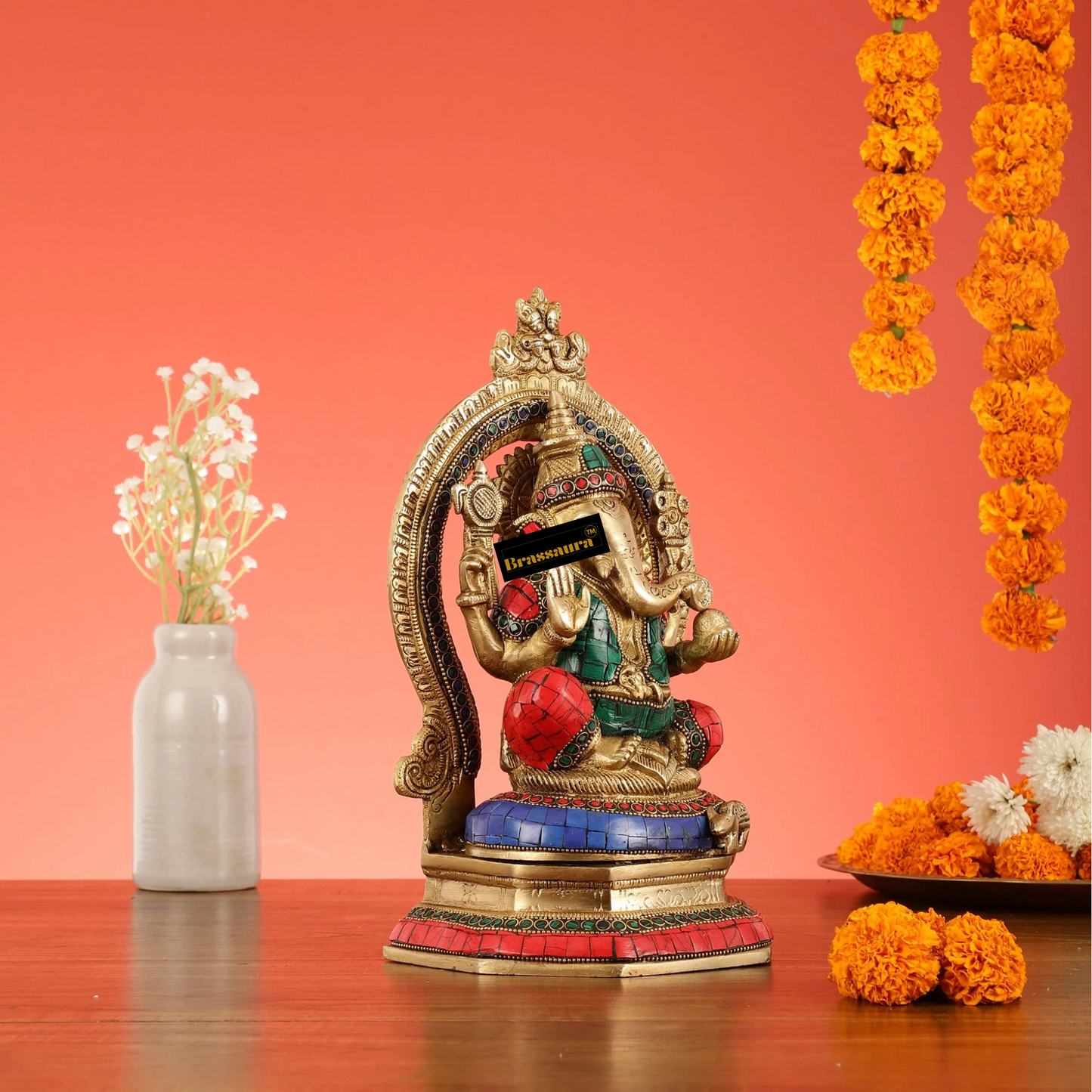 Brassaura™ Brass Lord Ganesha Murti with Stonework – Height 11.5 Inches, Weight 4 Kgs