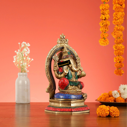 Brassaura™ Brass Lord Ganesha Murti with Stonework – Height 11.5 Inches, Weight 4 Kgs