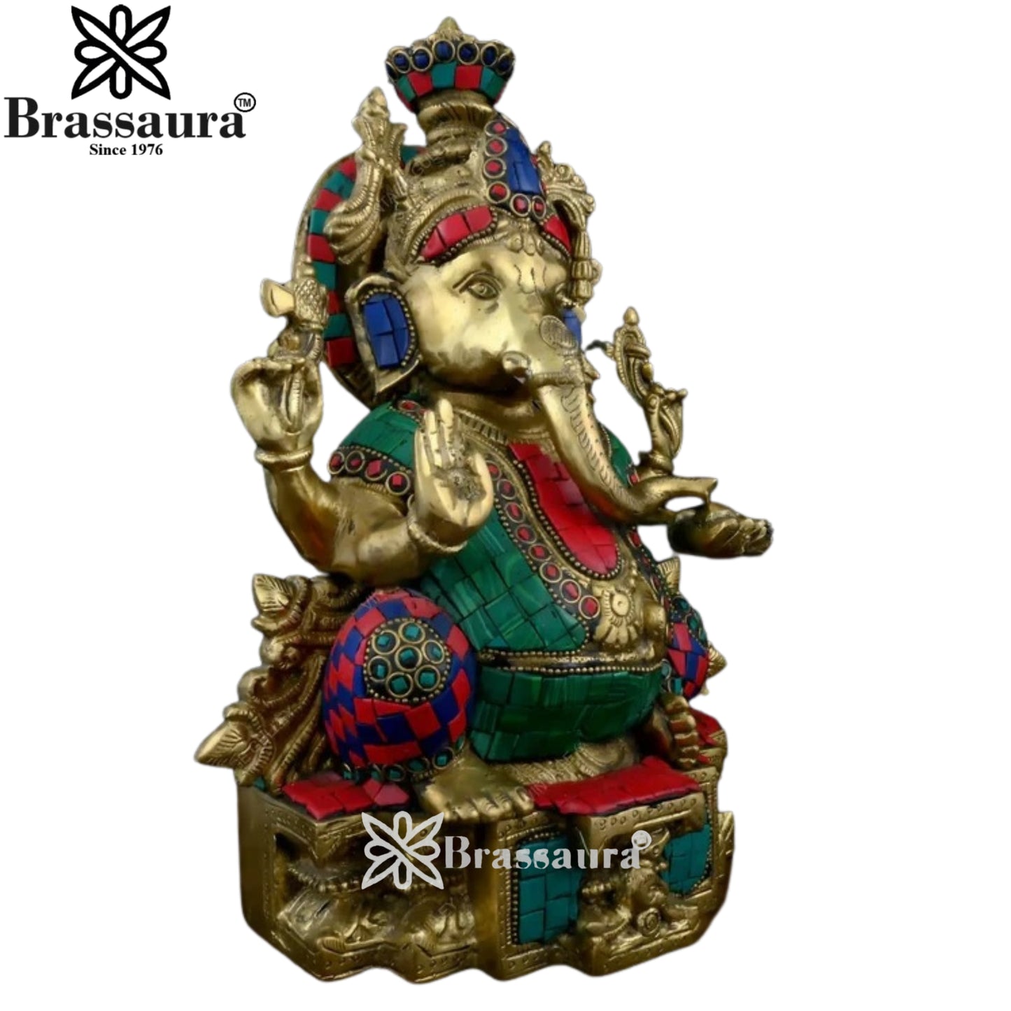 Brass Gem Stone Work Ganesha Statue Weight 4.1 Kg And Height 6 Inch