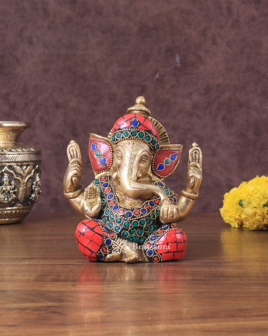 Brassaura™ Pure Brass Meenakari Lord Ganesha Idol – 6" Height, 1.8 kg – Handcrafted with Natural Colour Stones