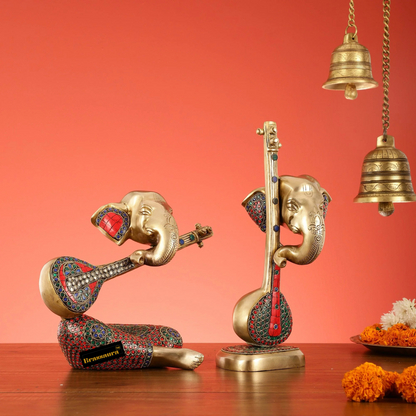 Brassaura™ Brass Abstract Lord Ganesha Table Accent Pair – Heights 12 & 9.5 Inches, Weight 8.2 Kgs