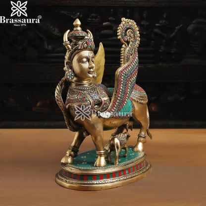 Brass Gem Stone Work Kaamdhenu Statue Weight 13.1 Kg And Height 17 Inch