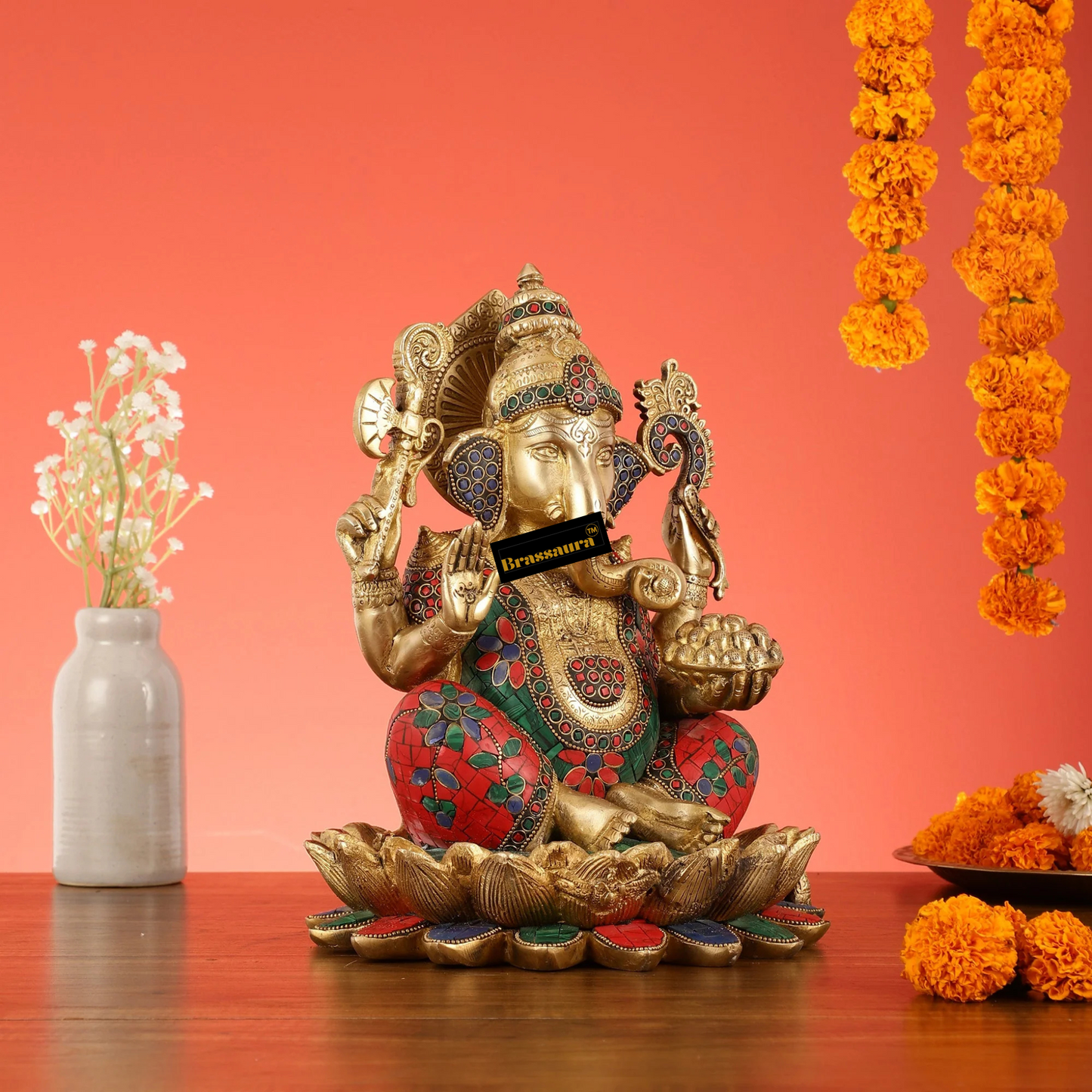 Brassaura™ Brass Handcrafted Ganapati on Lotus with Meenakari – Height 12 Inches, Weight 10 Kgs