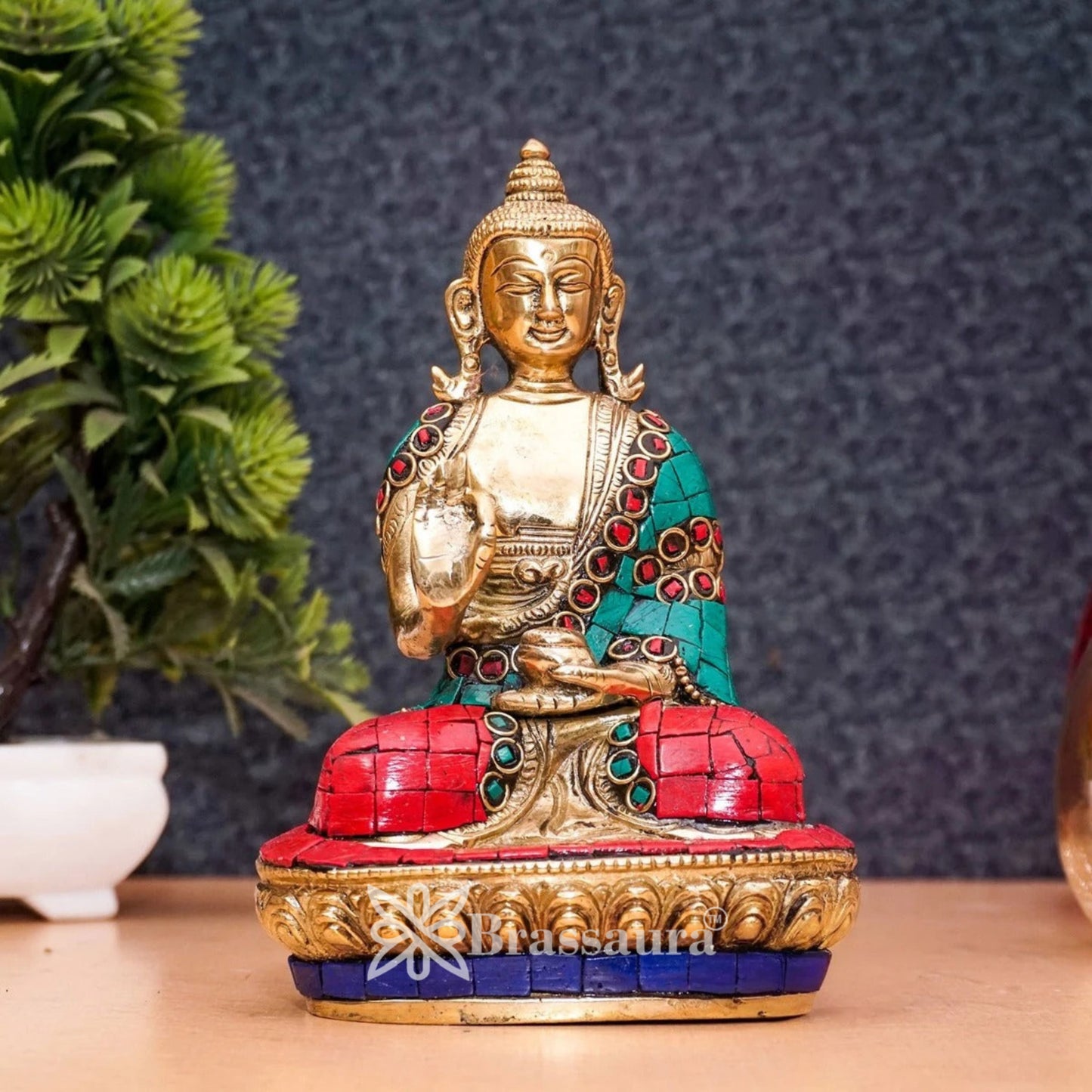 Brass Blessing Gem Stone Work Buddha Weight 0.95 kg & Height 6.25 Inch