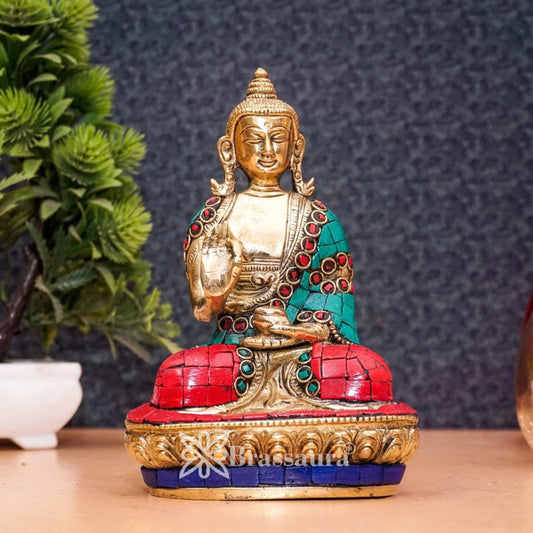Brass Blessing Gem Stone Work Buddha Weight 0.95 kg & Height 6.25 Inch