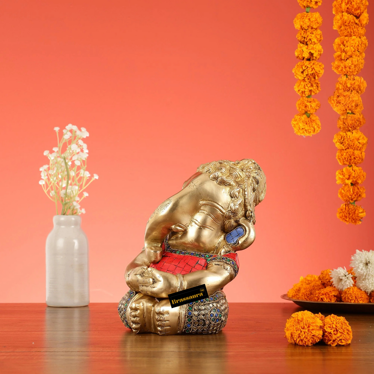 Brassaura™ Pure Brass Baby Ganesha Idol in Meditation with Natural Stones – Height 9 Inches, Weight 5 Kgs