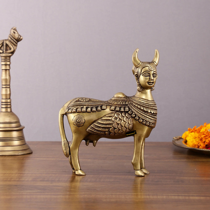 Brassaura™ Pure Brass Kamdhenu Cow Statue with Wings & Goddess Face | 6 Inches Height | 2 Kgs Weight | Symbol of Abundance & Spirituality