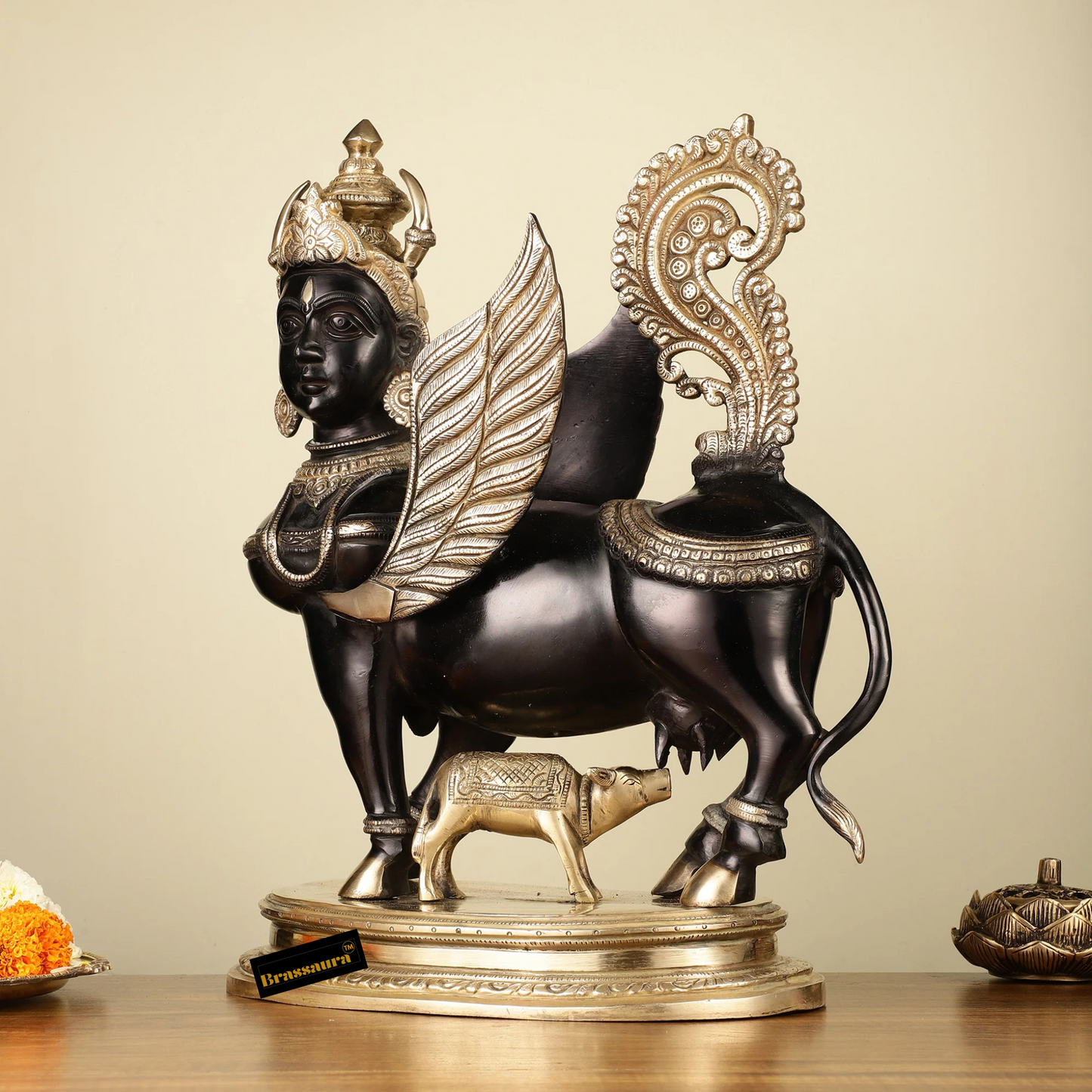 Brassaura™ Kamdhenu Cow with Wings and Mother Face Statue | 16.5 Inches Height | 14 Kgs Weight | Elegant Black Tone Brass
