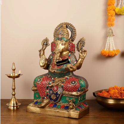 Brassaura™ Brass Lord Ganapati Statue with Intricate Stonework – Height 24 Inches, Weight 26 Kgs