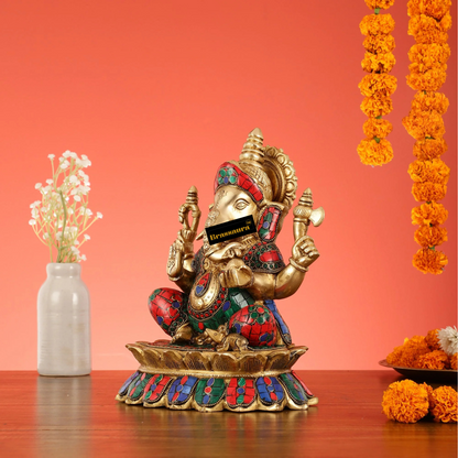 Brassaura™ Brass Lord Ganesha on Lotus Idol with Meenakari – Height 11 Inches, Weight 7 Kgs