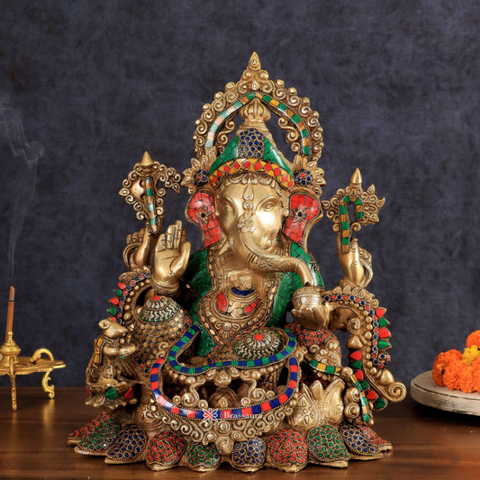 Brassaura™ Fine Quality Brass Jewellery Ganesha – 16" Height, 16 kg – Adorned with Natural Stones & Rings