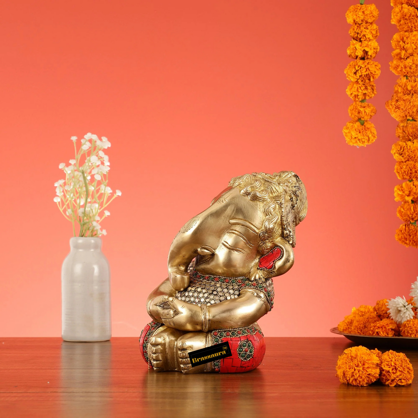 Brassaura™ Pure Brass Baby Ganesha Idol in Meditation with Natural Stones – Height 9 Inches, Weight 5 Kgs