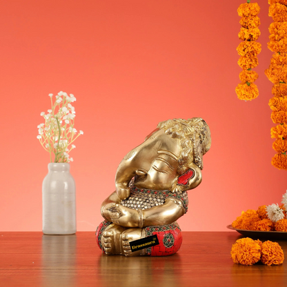 Brassaura™ Pure Brass Baby Ganesha Idol in Meditation with Natural Stones – Height 9 Inches, Weight 5 Kgs