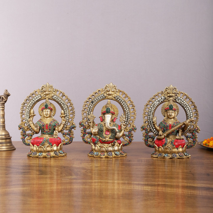Brassaura™ Brass Ganesha, Lakshmi & Saraswati Idol Set – 9.5 Inch Height | 10.2 kg | Handcrafted with Meenakari Stonework