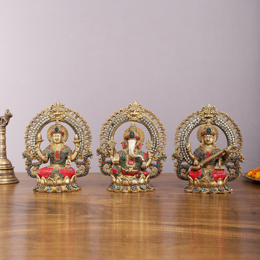 Brassaura™ Brass Ganesha, Lakshmi & Saraswati Idol Set – 9.5 Inch Height | 10.2 kg | Handcrafted with Meenakari Stonework