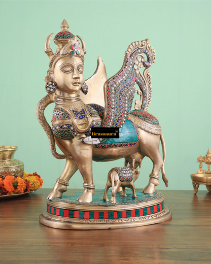 Brassaura™ Brass Kamdhenu Cow Statue with Meenakari Stonework | 16.5 Inches Height | 16 Kgs Weight | Divine Symbol of Grace & Prosperity