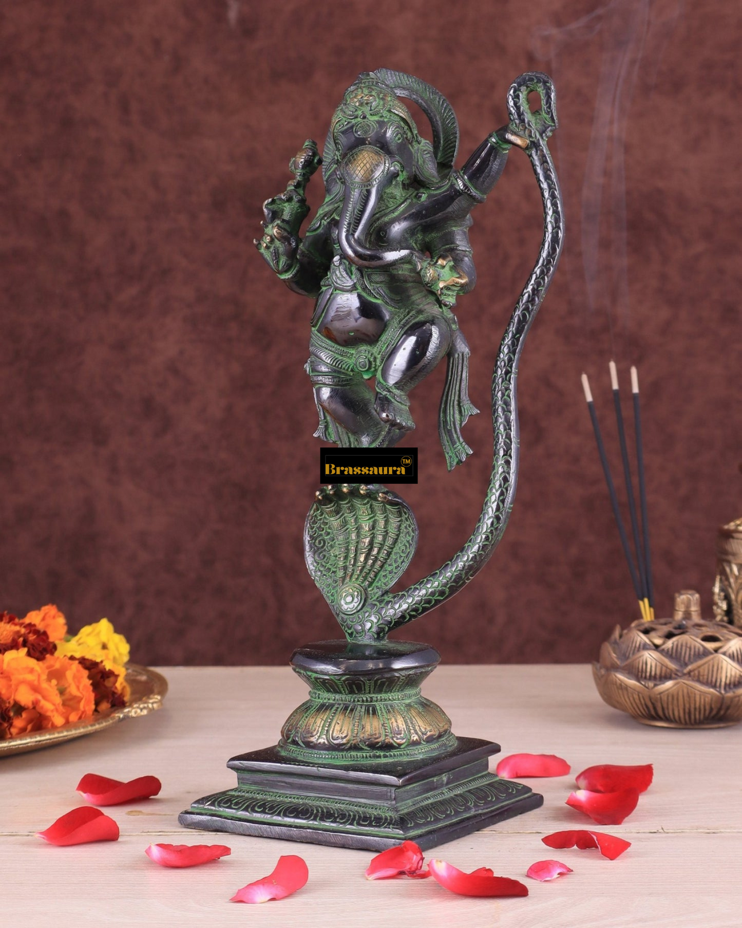 Brassaura™ Brass Dancing on Snake Lord Ganesha Statue – 11.5" Height, 3.25 kg – Unique Antique Black & Green Finish