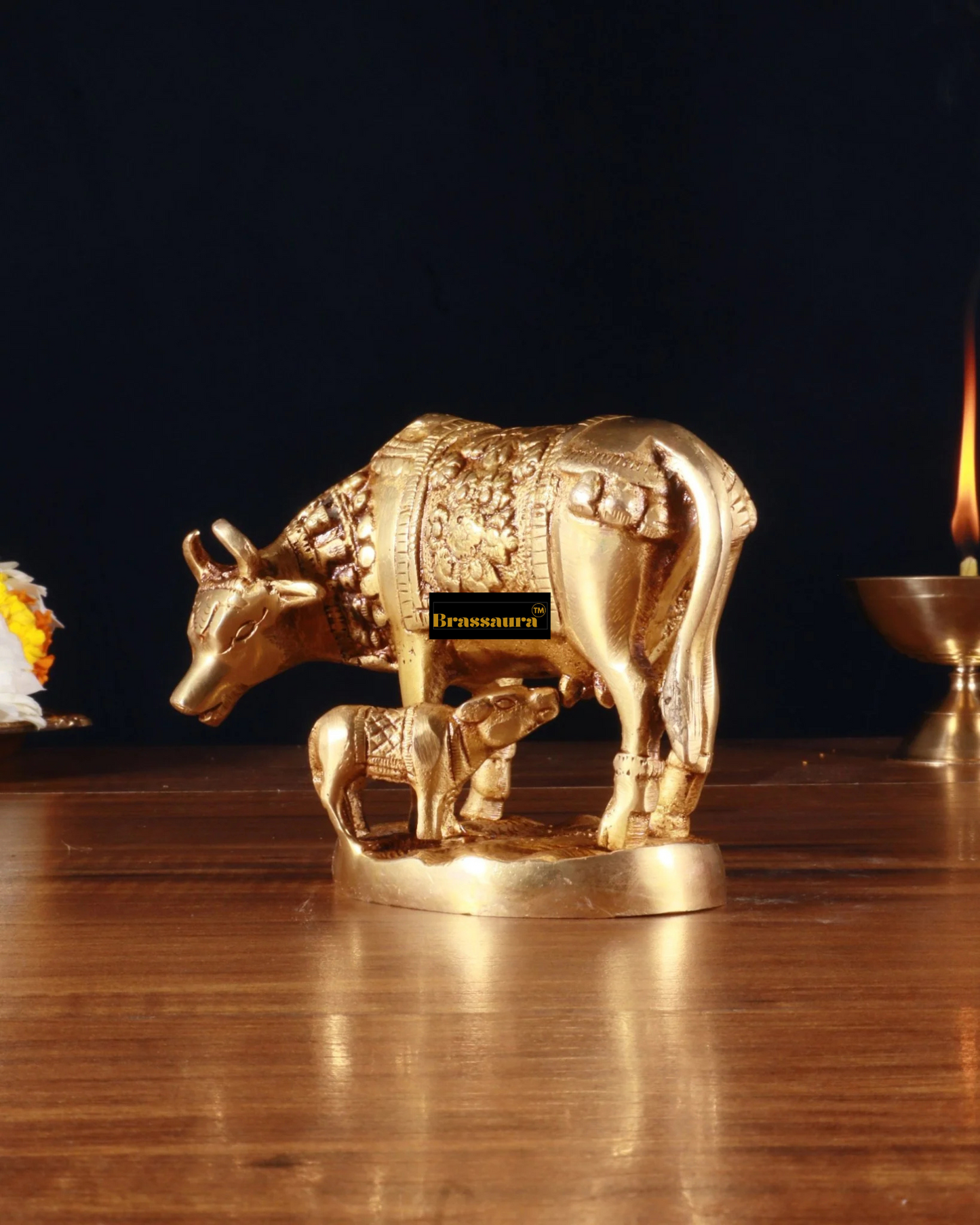 Brassaura™ Handcrafted Brass Kamdhenu Cow with Calf Idol | 3.8 Inches Height | 915g Weight | Symbol of Abundance & Prosperity