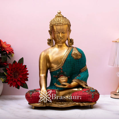 Brass Bhumisprasa Gem Stone Work Buddha Weight 10.4 kg & Height 16 Inch