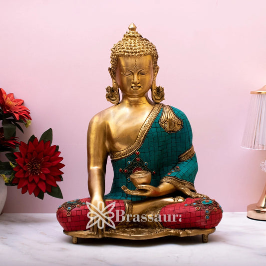 Brass Bhumisprasa Gem Stone Work Buddha Weight 10.4 kg & Height 16 Inch