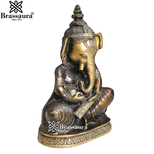 Brassaura® Lekhak Ganesh Brass Idol | Writing Ganesha Form | Height 9.5 Inches