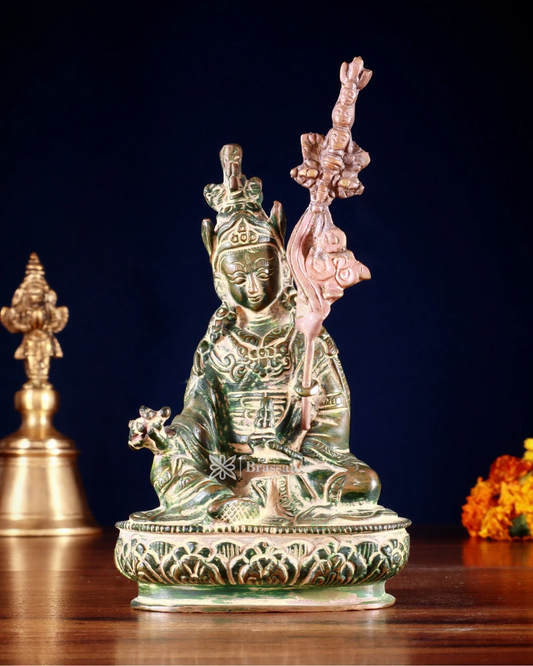 Brassaura™ Brass Guru Rinpoche (Padmasambhava) Statue – Height 6.5 Inches | Weight 0.669 Kgs | Green Finish