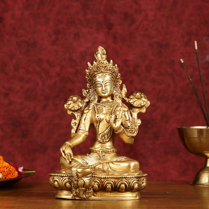 Brassaura™ Pure Brass Green Tara Devi Idol – Height 8 Inches | Weight 1.7 Kgs | Spiritual Decor