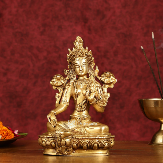 Brassaura™ Pure Brass Green Tara Devi Idol – Height 8 Inches | Weight 1.7 Kgs | Spiritual Decor