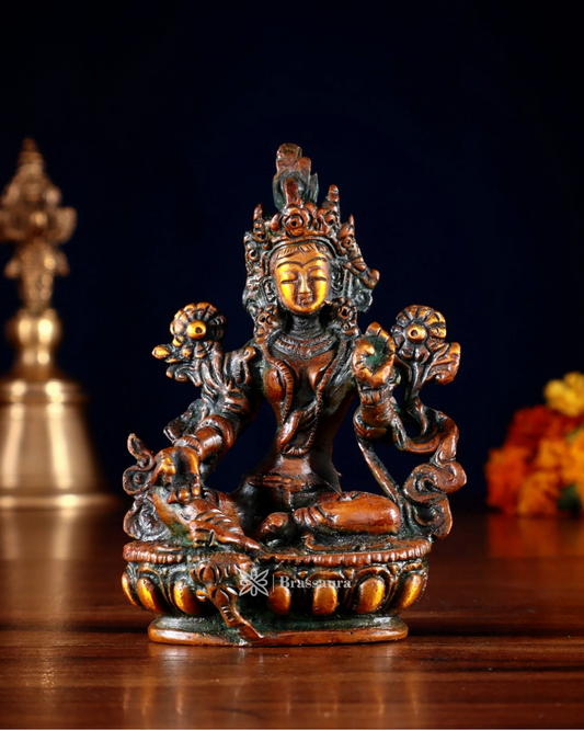 Brassaura™ Green Tara Brass Idol – Height 3.5 Inches | Weight 0.3 Kgs | Nepalese Orange Finish
