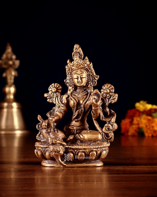 Brassaura™ Green Tara Brass Idol – Height 3.5 Inches | Weight 0.3 Kgs | Double Butter Gold Finish