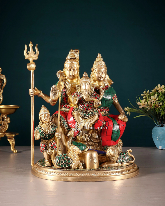 Brass Gem Stone Work Shiv parivar Idol for Home and Decor | Weight 5 Kg Height 9.5 inch