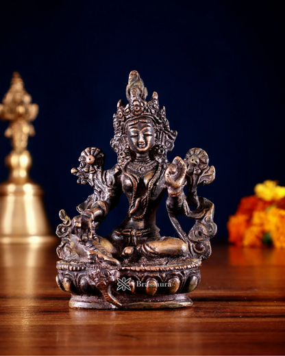 Brassaura™ Green Tara Brass Idol – Height 3.5 Inches | Weight 0.3 Kgs | Nepalese Burnt Chocolate Finish