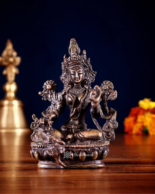 Brassaura™ Green Tara Brass Idol – Height 3.5 Inches | Weight 0.3 Kgs | Nepalese Burnt Chocolate Finish