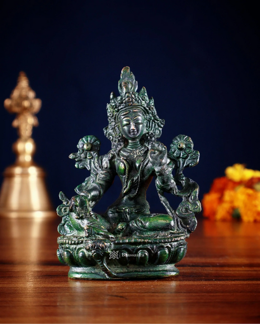 Brassaura™ Green Tara Brass Idol – Height 3.5 Inches | Weight 0.3 Kgs | Agate Green Finish