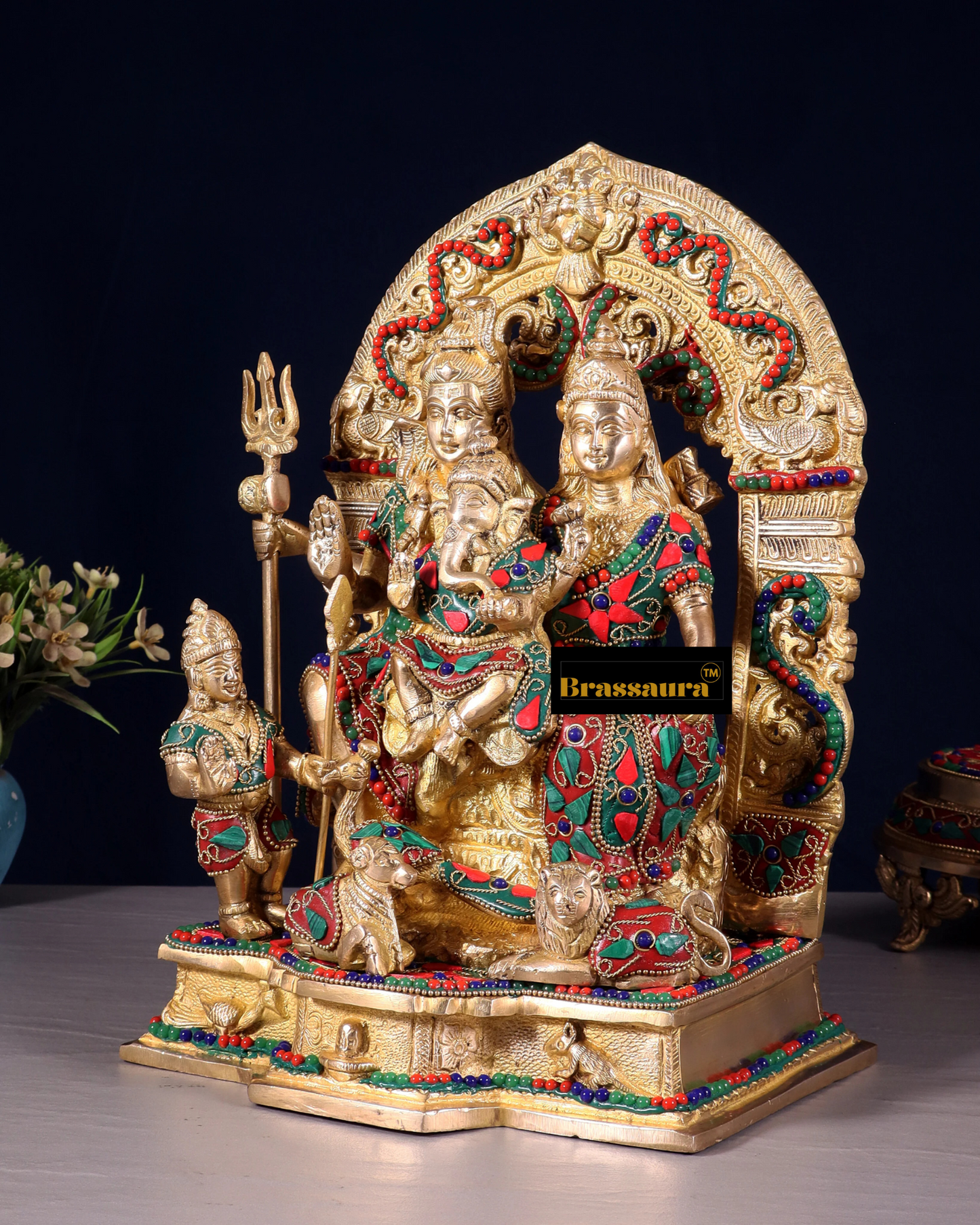 Brass Gem Stone Work Shiva Parivar Idol For Home Decor Height 12 Inch & Weight 6.8 Kg